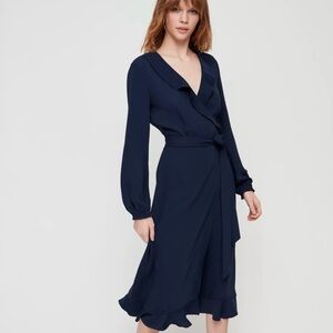 Aritzia Little Moon Elm long sleeve silky satin wrap midi dress navy blue XS